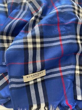 Burberry Blue Plaid Wool Scarf with Black, White & Red Checks